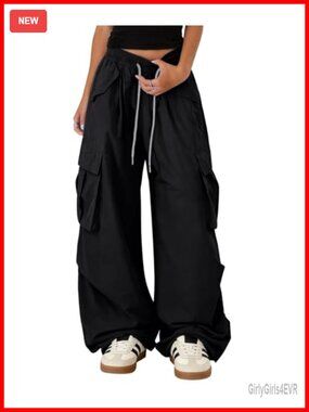 Women's Baggy Cargo Pants Y2K Barrel Wide Leg Drawstring Trousers with Pockets
